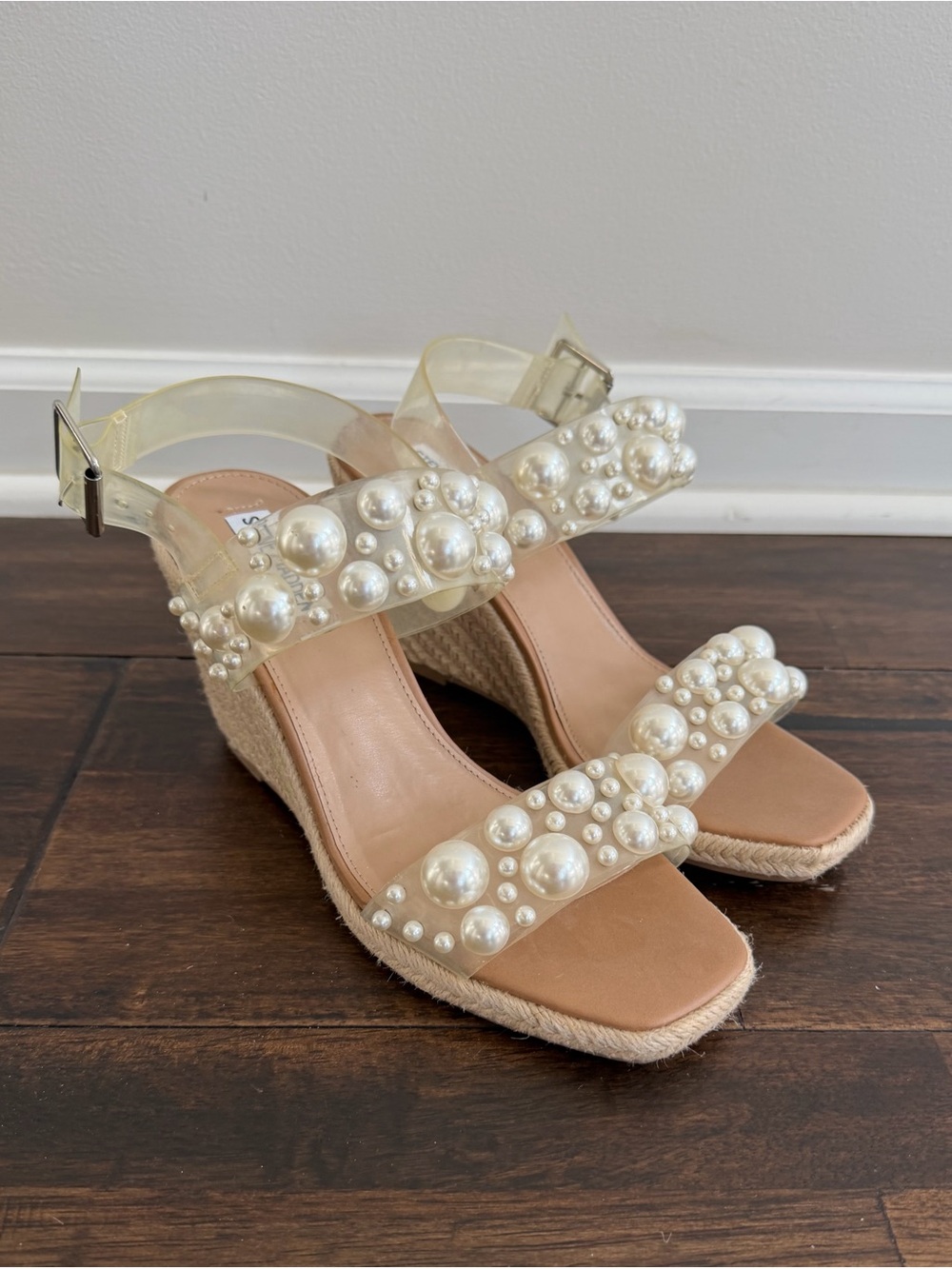 Steve Madden Pearl Embellished Clear Strap Espadrille Wedge Sandals